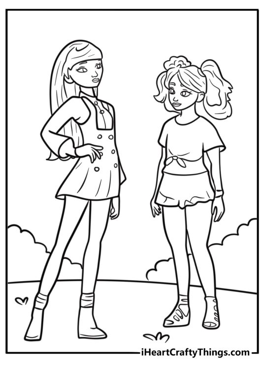 The girls wearing their school uniforms outside the stable coloring sheet