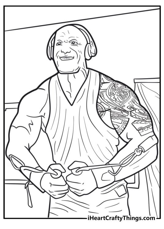 The Rock flexing muscles in gym environment coloring page