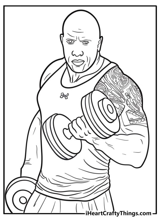 The Rock holding dumbbells during gym session coloring page