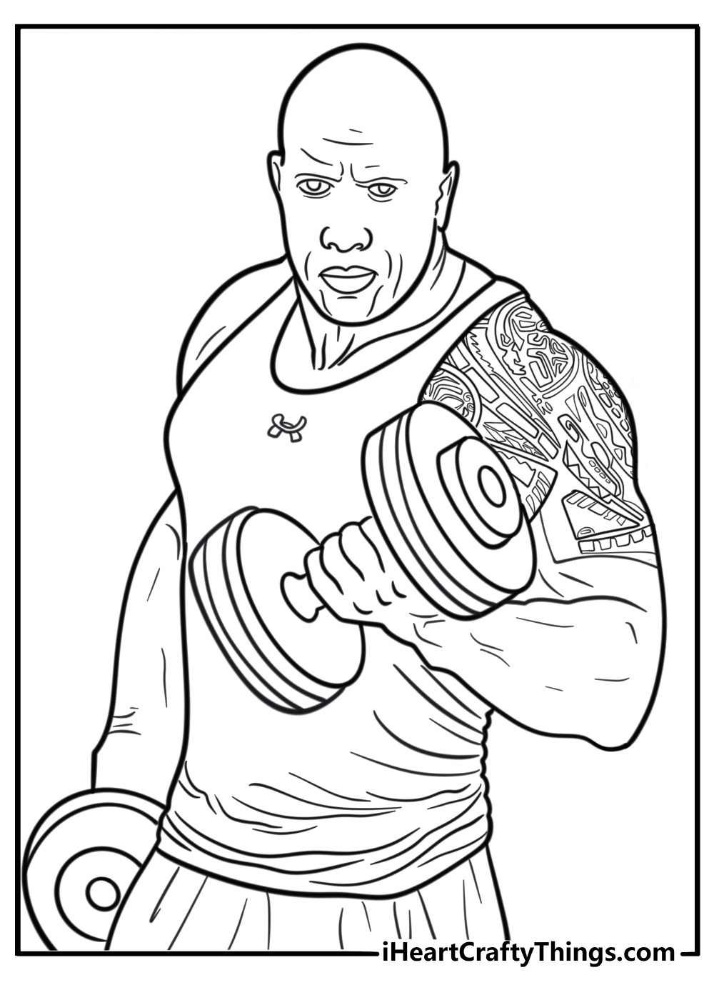 The Rock holding dumbbells during gym session coloring page