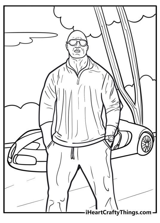 The Rock standing next to muscle car printable coloring page
