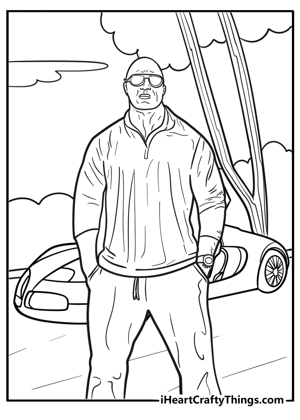 The Rock standing next to muscle car printable coloring page