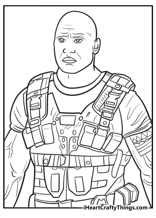 The Rock wearing tactical gear in movie scene free coloring page PDF