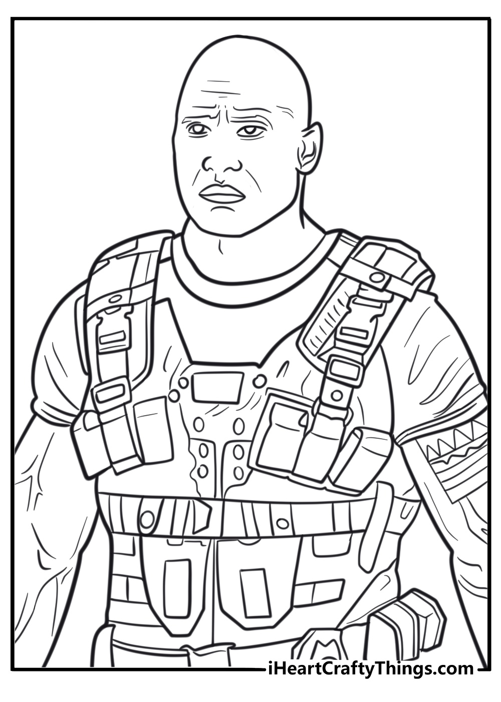 The Rock wearing tactical gear in movie scene free coloring page PDF
