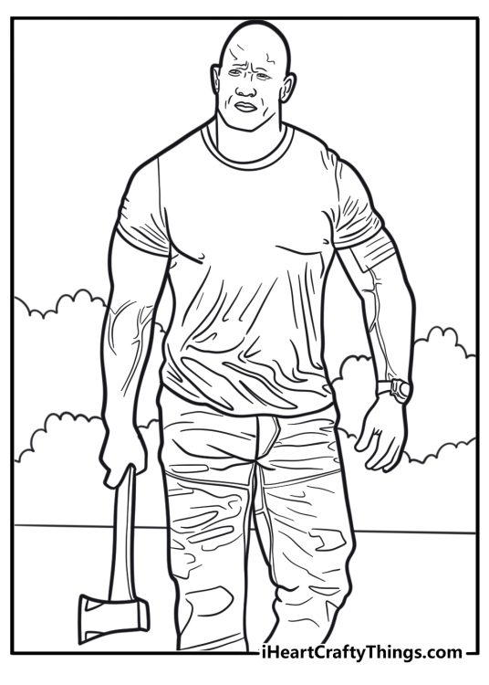 The Rock with action pose from movie role coloring page for kids