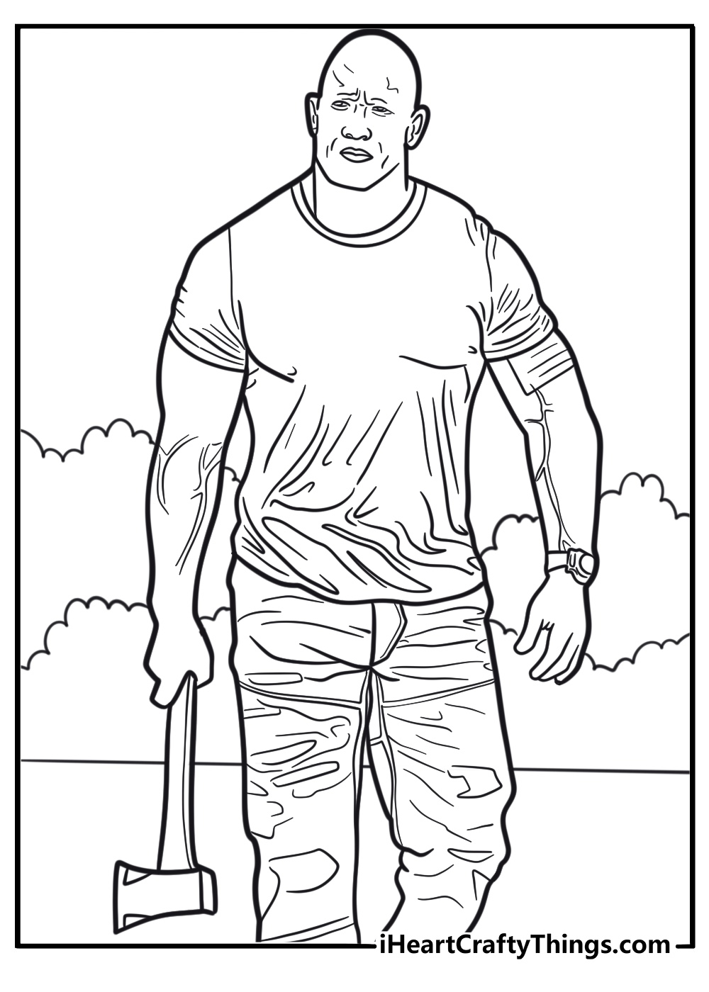The Rock with action pose from movie role coloring page for kids