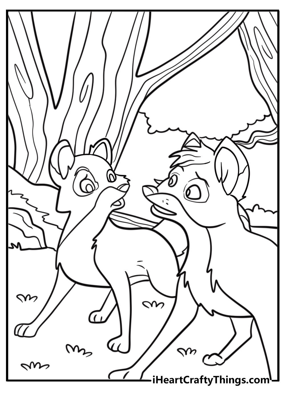 Tod and Vixey walking together through the forest coloring page