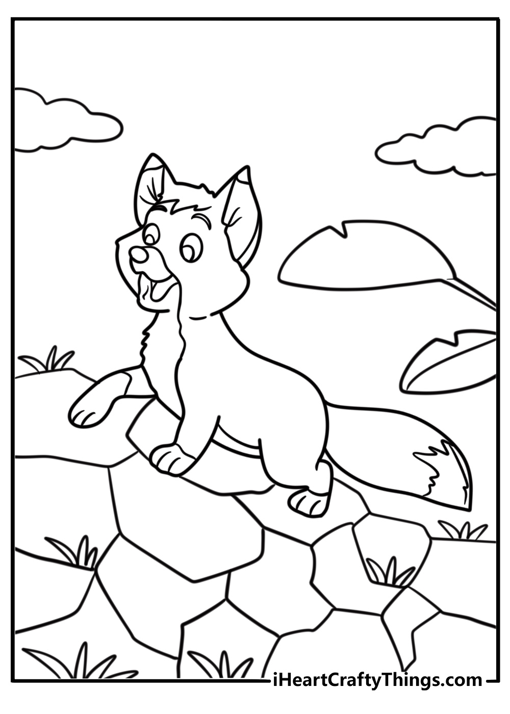 Tod climbing a rocky path in the forest coloring page