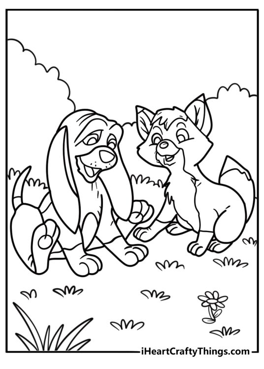 Tod looking curiously at Copper in a forest scene coloring page
