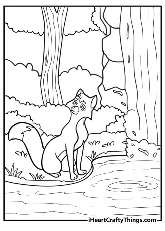 Tod near a calm waterfall surrounded by trees coloring page