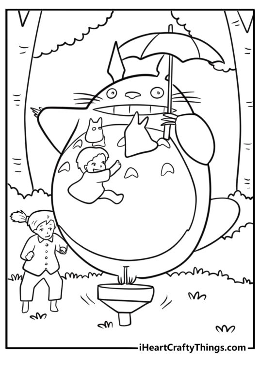 Totoro and friends playing in the forest coloring page