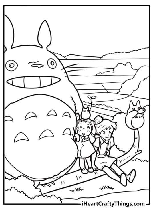 Totoro and kids in the forest clearing coloring page