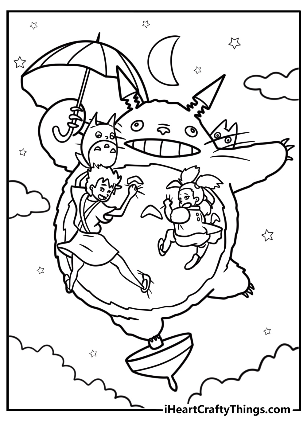 Totoro and the children flying in the sky coloring page