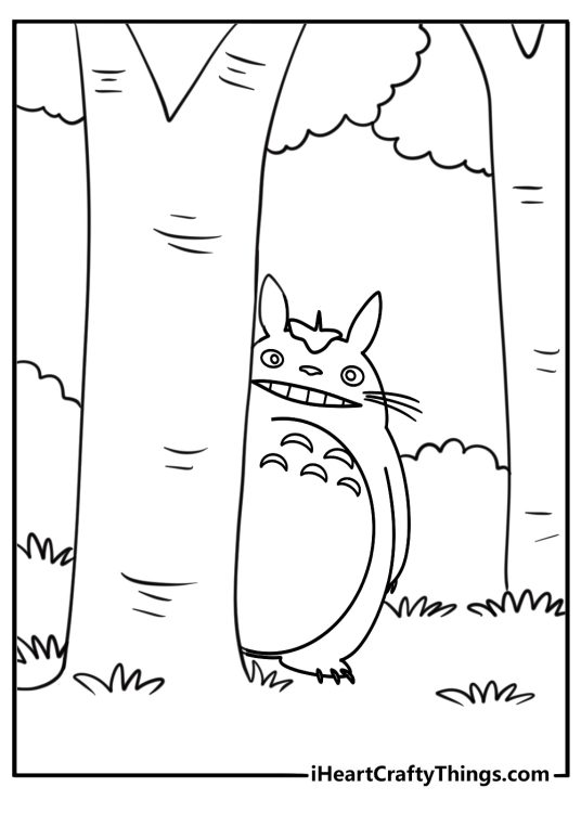 Totoro hiding behind trees coloring page
