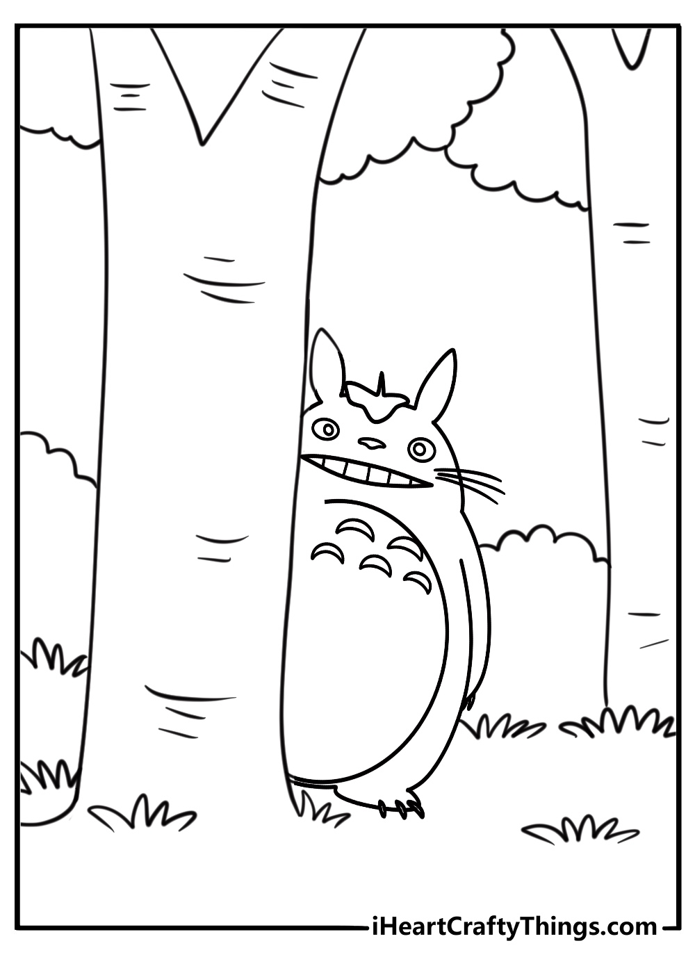Totoro hiding behind trees coloring page