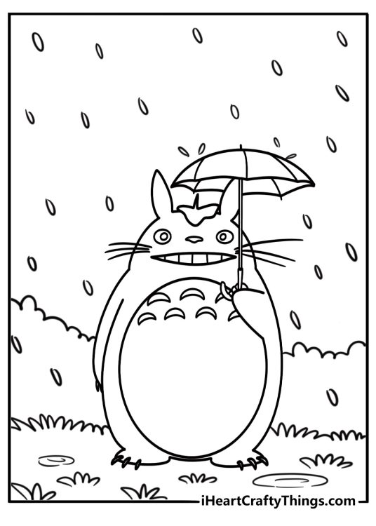 Totoro holding an umbrella in the rain coloring page