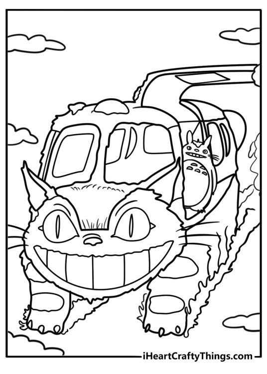 Totoro riding the Catbus coloring page