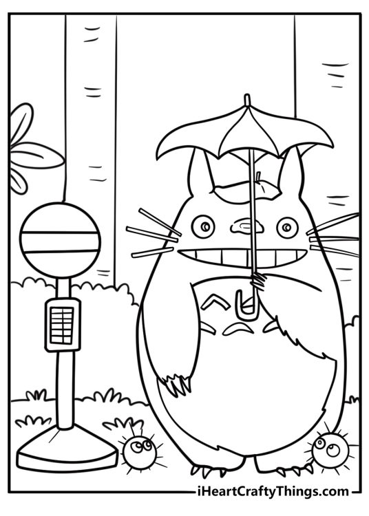 Totoro waiting at the bus stop coloring page