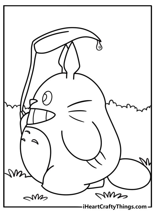 Totoro with leaf umbrella coloring page