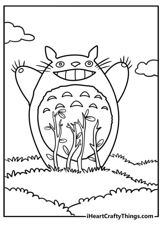 Totoro with plants growing around him coloring page