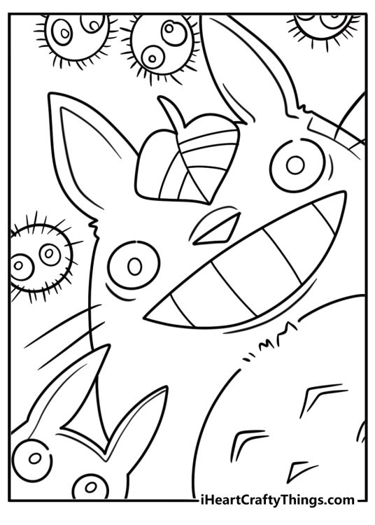 Totoro with soot sprites around him coloring page