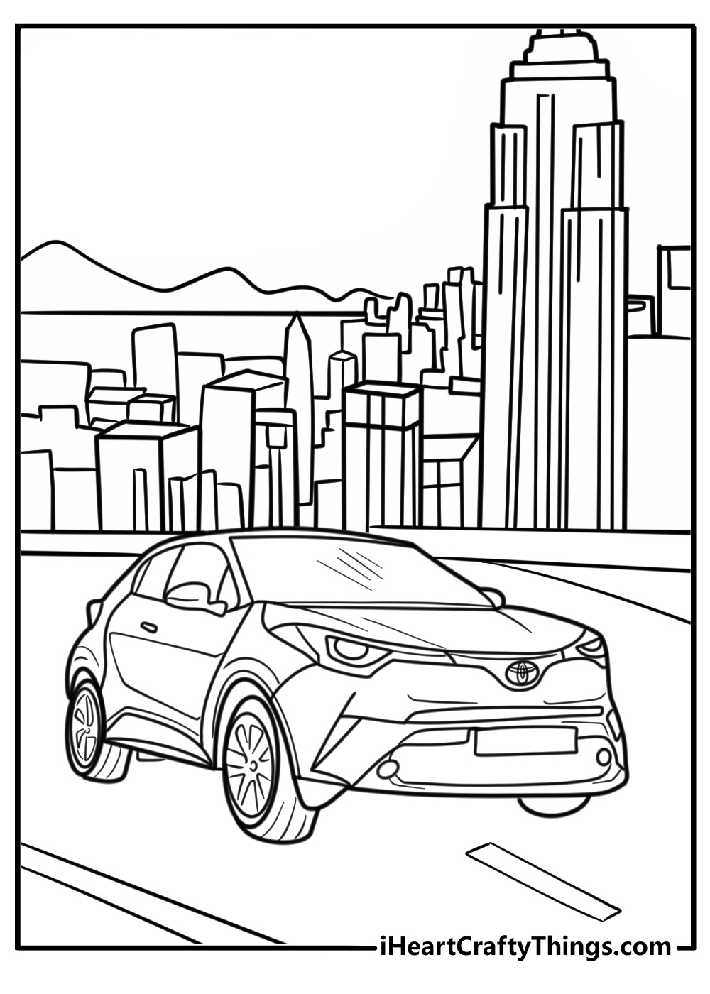 Toyota C HR near a city skyline coloring sheet
