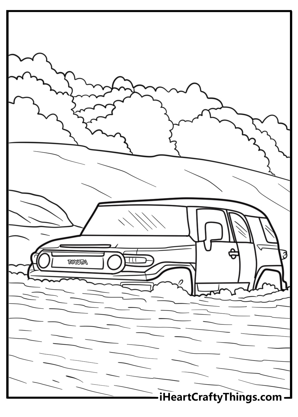 Toyota FJ Cruiser crossing a river coloring sheet