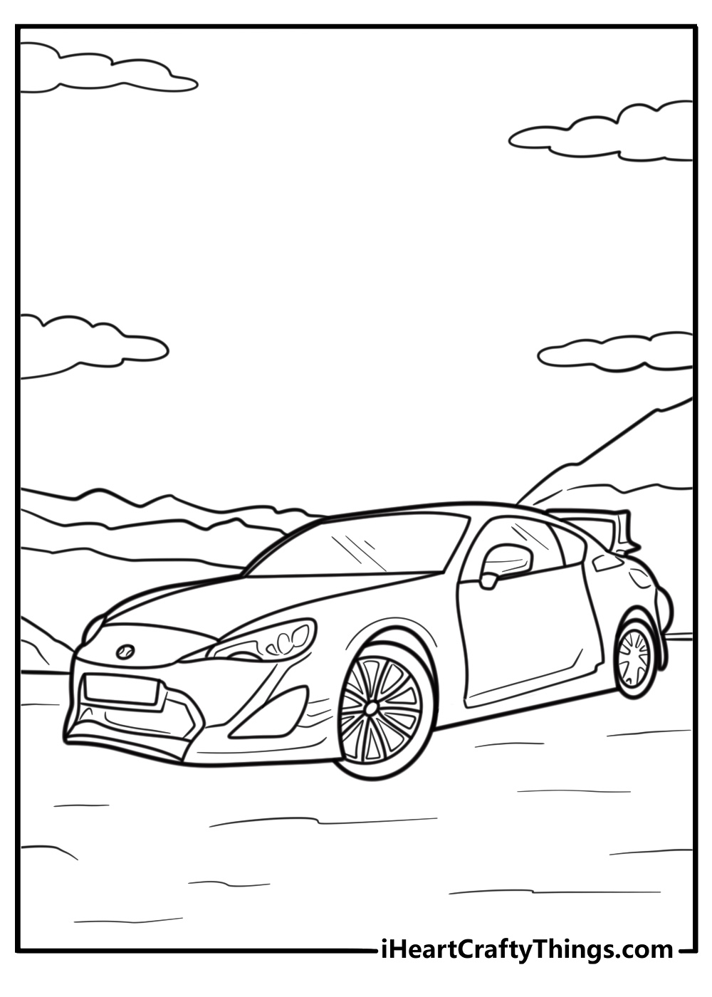 Toyota GR86 on a winding mountain pass coloring sheet