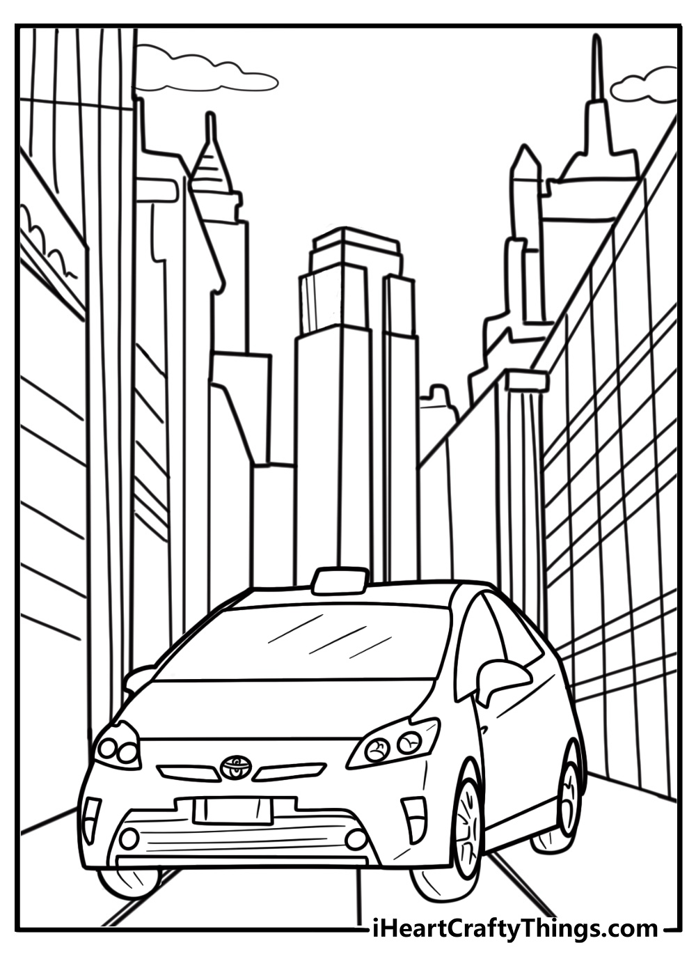 Toyota Prius in an urban street coloring sheet