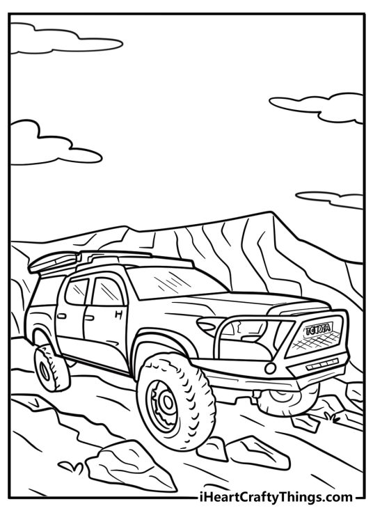 Toyota Tacoma climbing a rocky hill coloring page