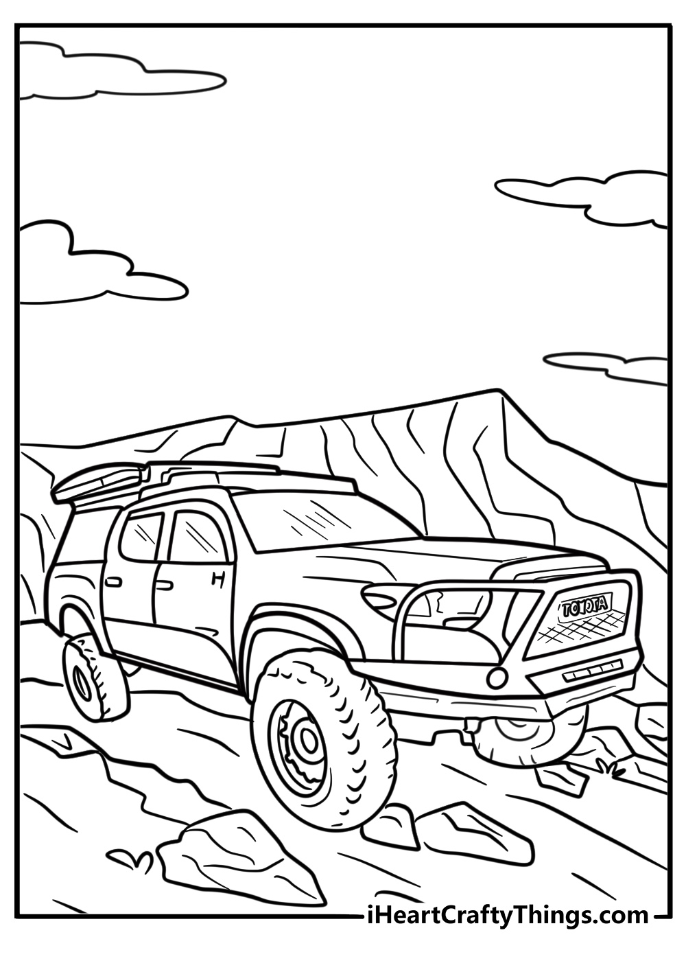Toyota Tacoma climbing a rocky hill coloring page
