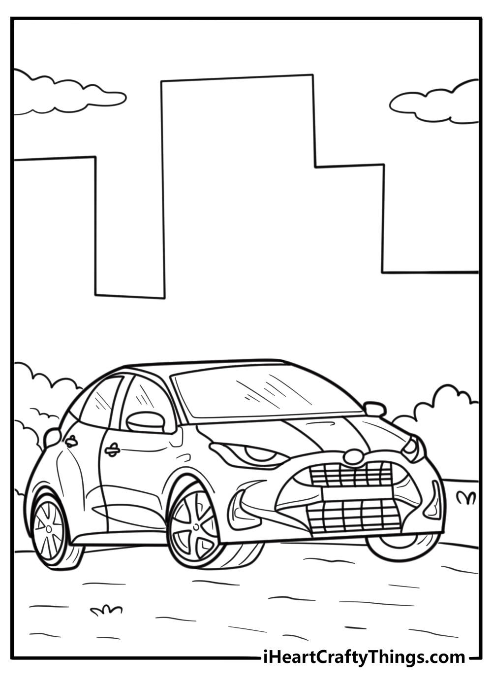 Toyota Yaris hatchback on a small town road coloring page