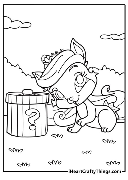 Treasure the kitten near a treasure chest coloring page
