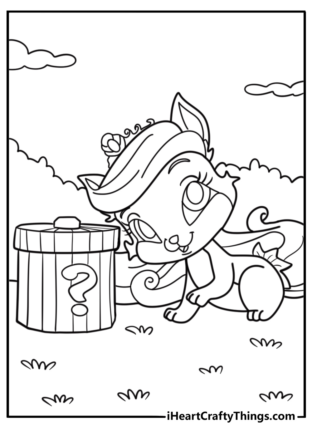 Treasure the kitten near a treasure chest coloring page