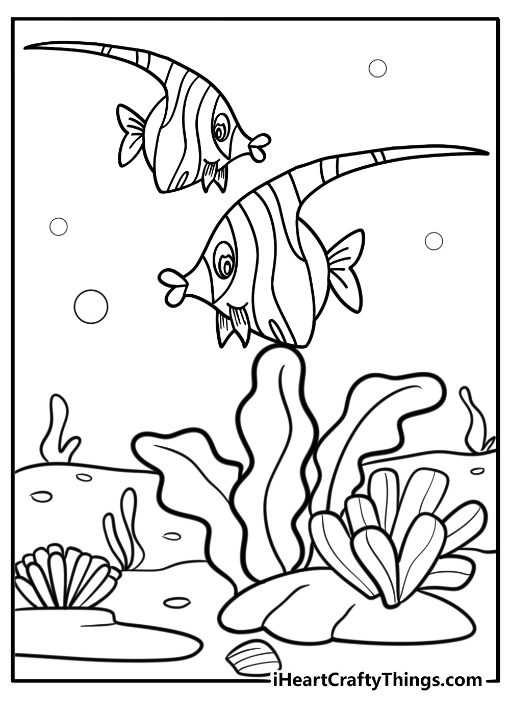 Tropical angelfish among sea plants coloring page