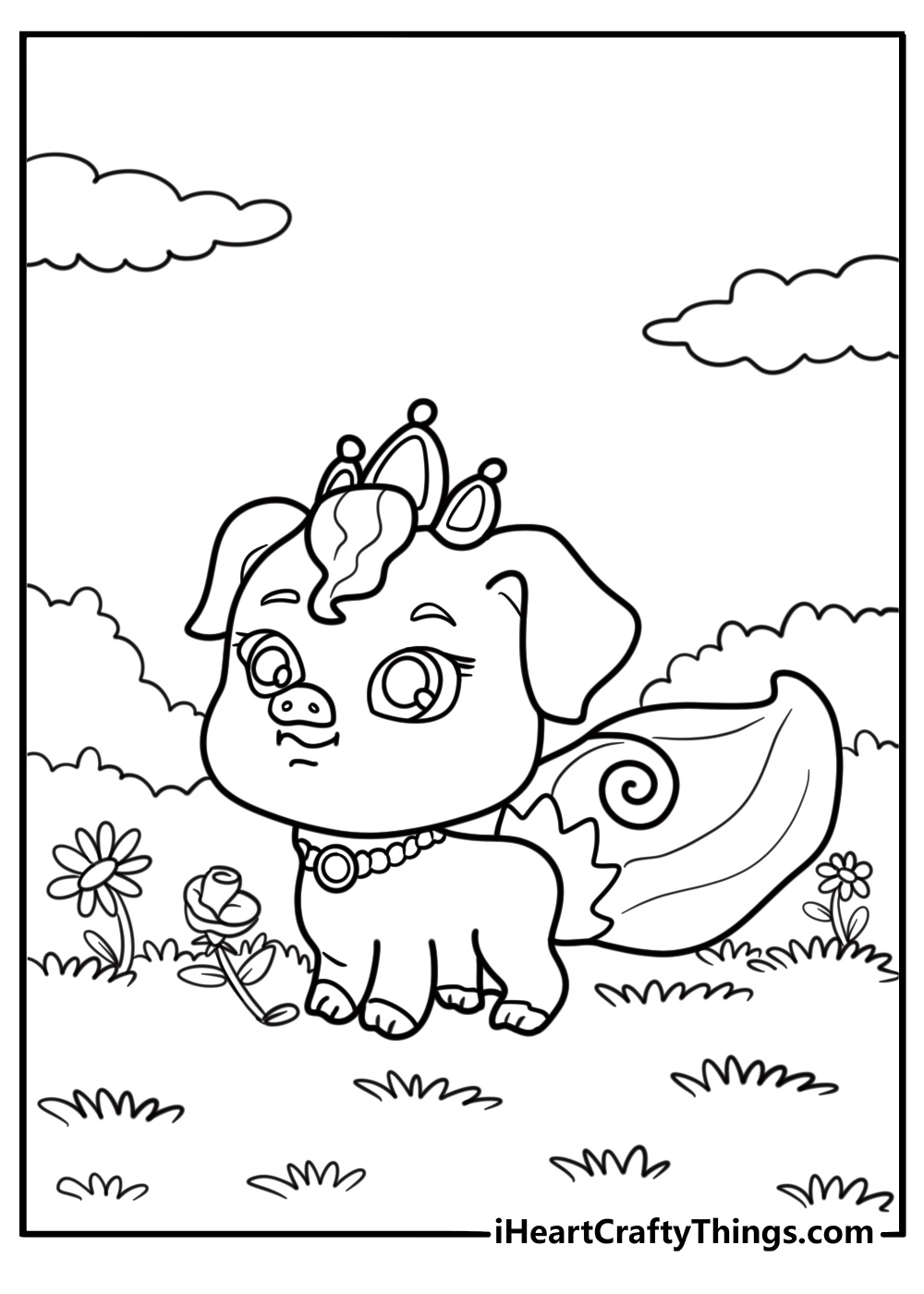 Truffles the pig playing in a field of flowers printable coloring sheet
