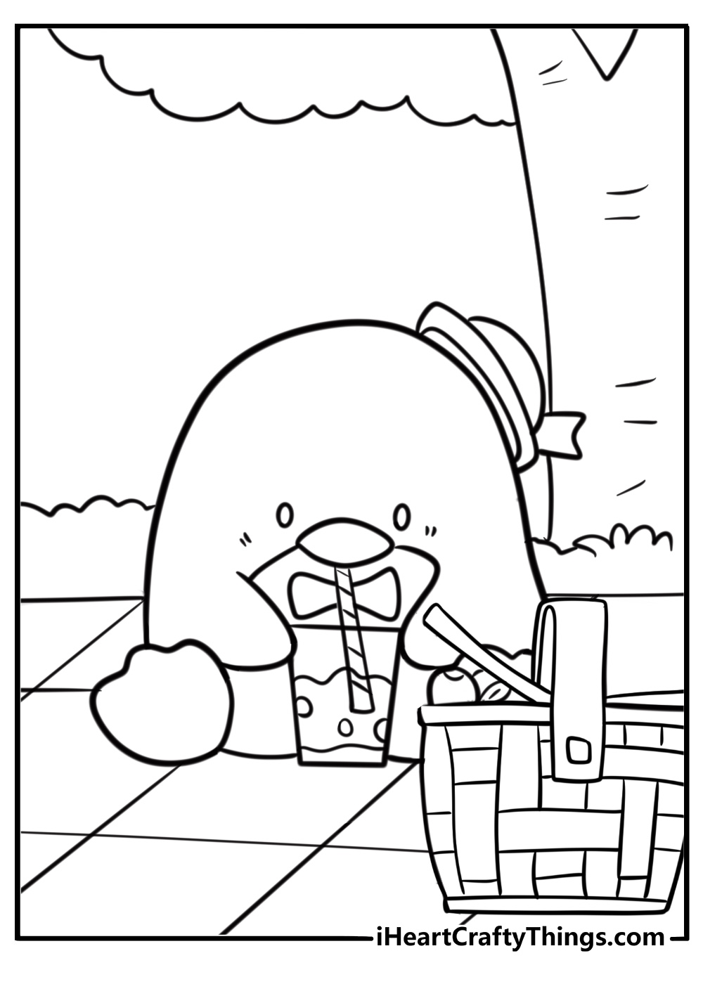Tuxedo Sam drinking from a straw at a picnic coloring sheet