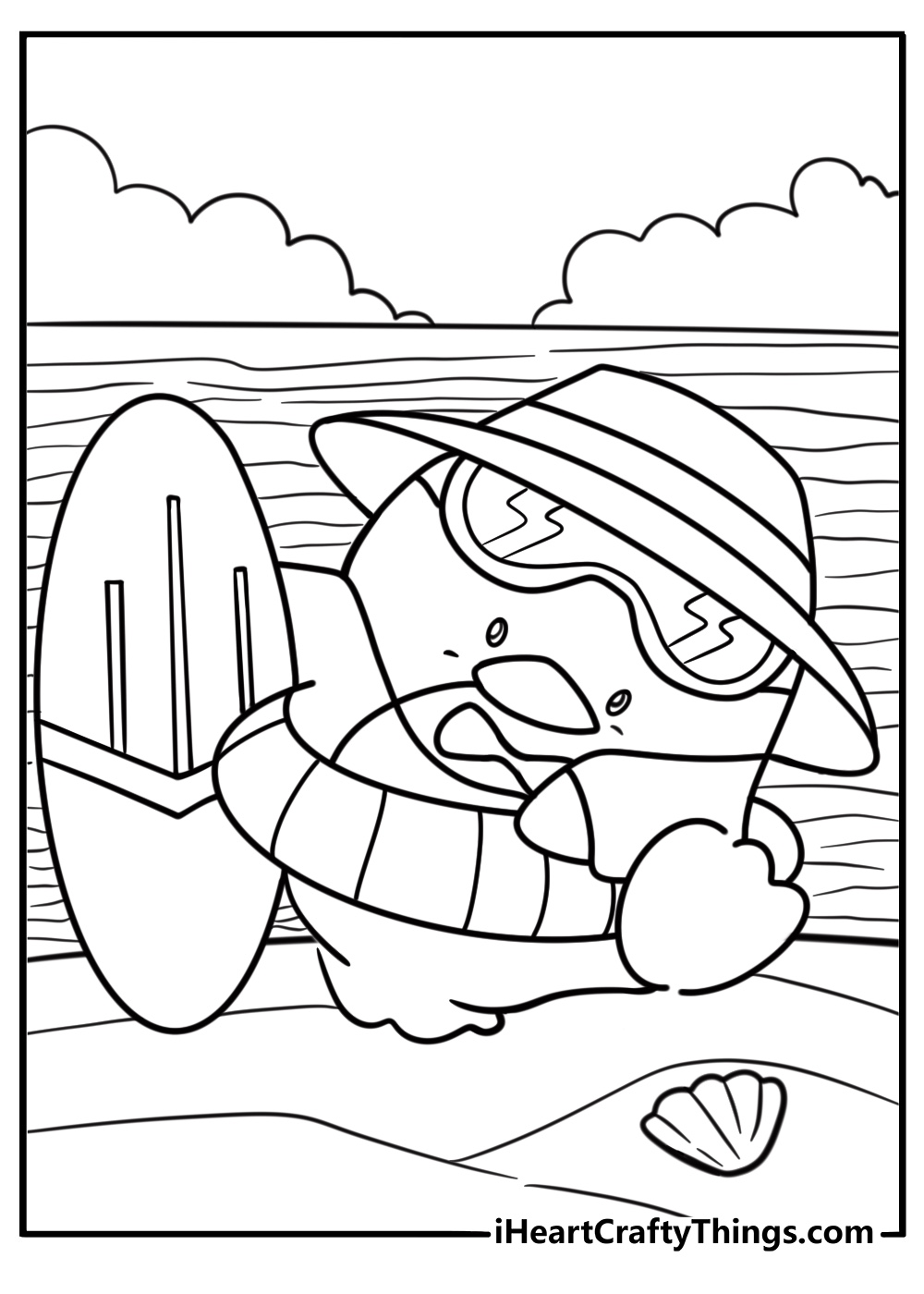Tuxedo Sam at the beach with a surfboard coloring sheet