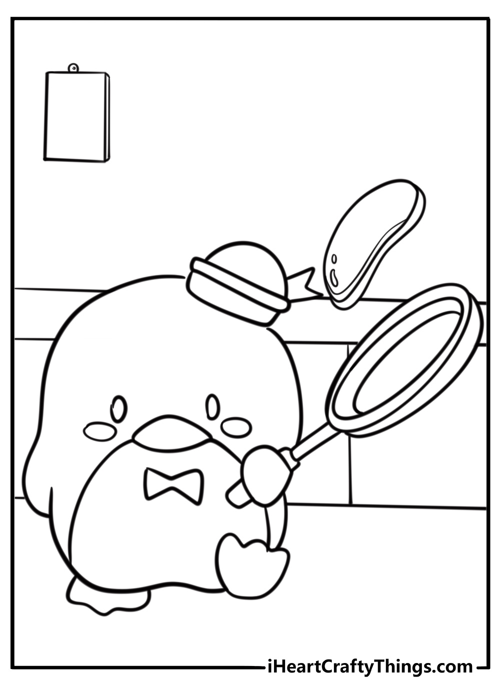 Tuxedo Sam cooking pancakes in a small kitchen coloring page