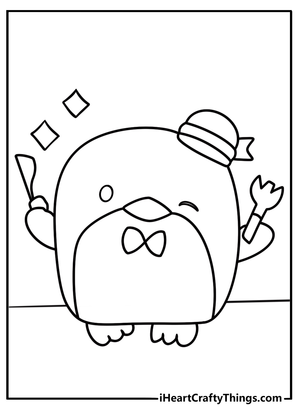 Tuxedo Sam holding a spoon and fork ready to eat coloring page