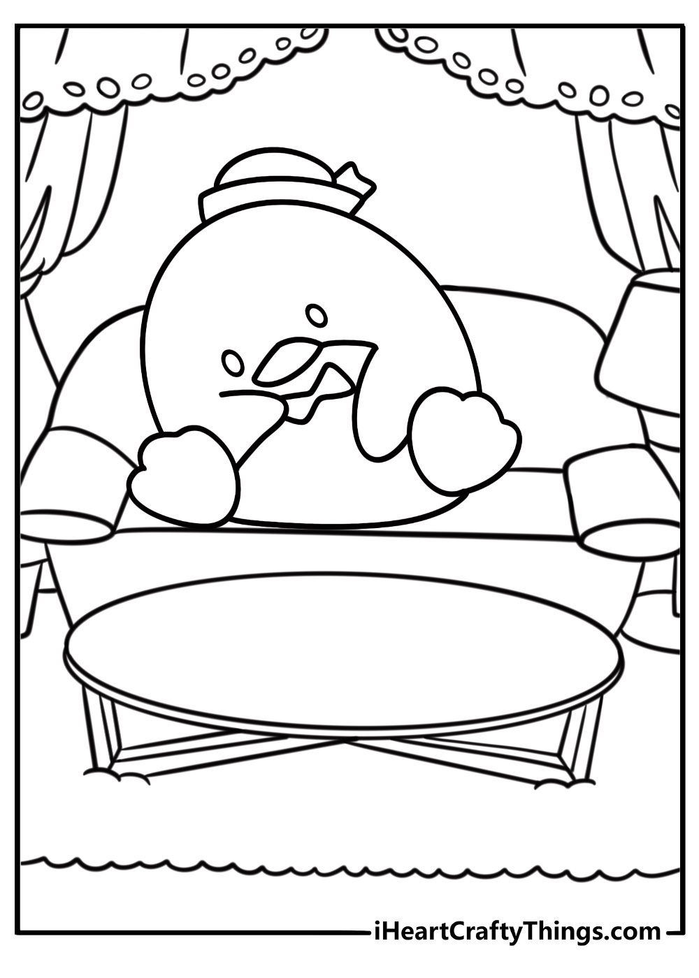 Tuxedo Sam inside a room with cozy furniture coloring sheet