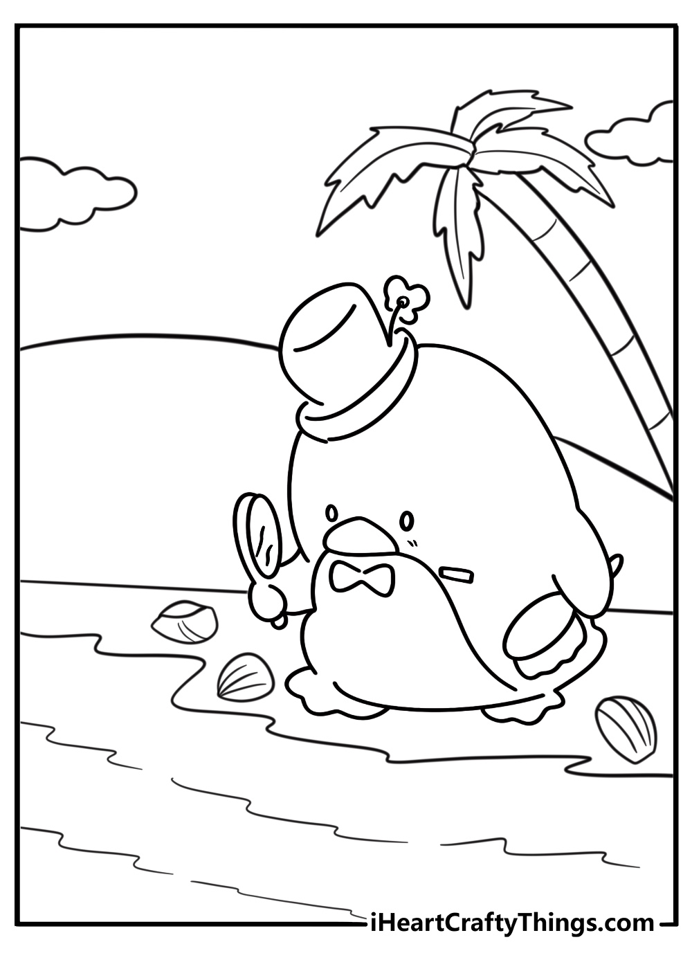 Tuxedo Sam looking at seashells near the ocean coloring page