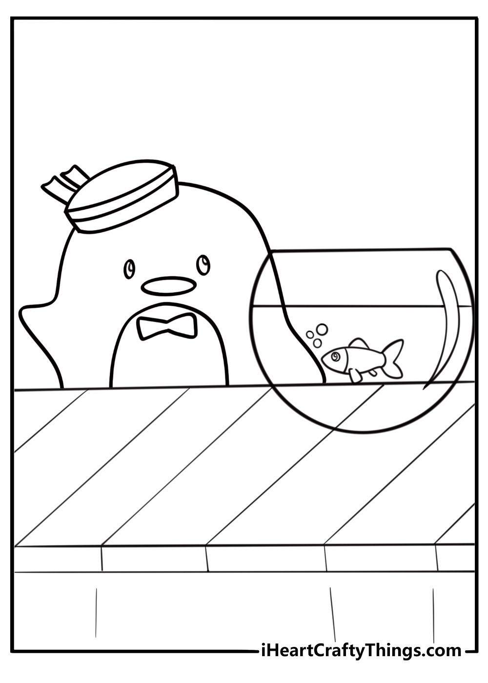 Tuxedo Sam near a fish tank with swimming fish coloring sheet