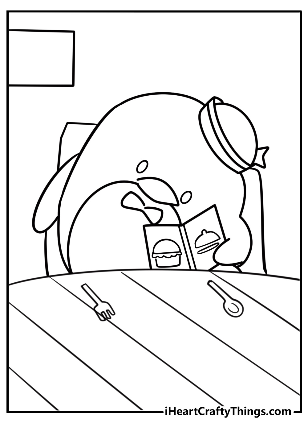 Tuxedo Sam reading a menu at a café coloring sheet