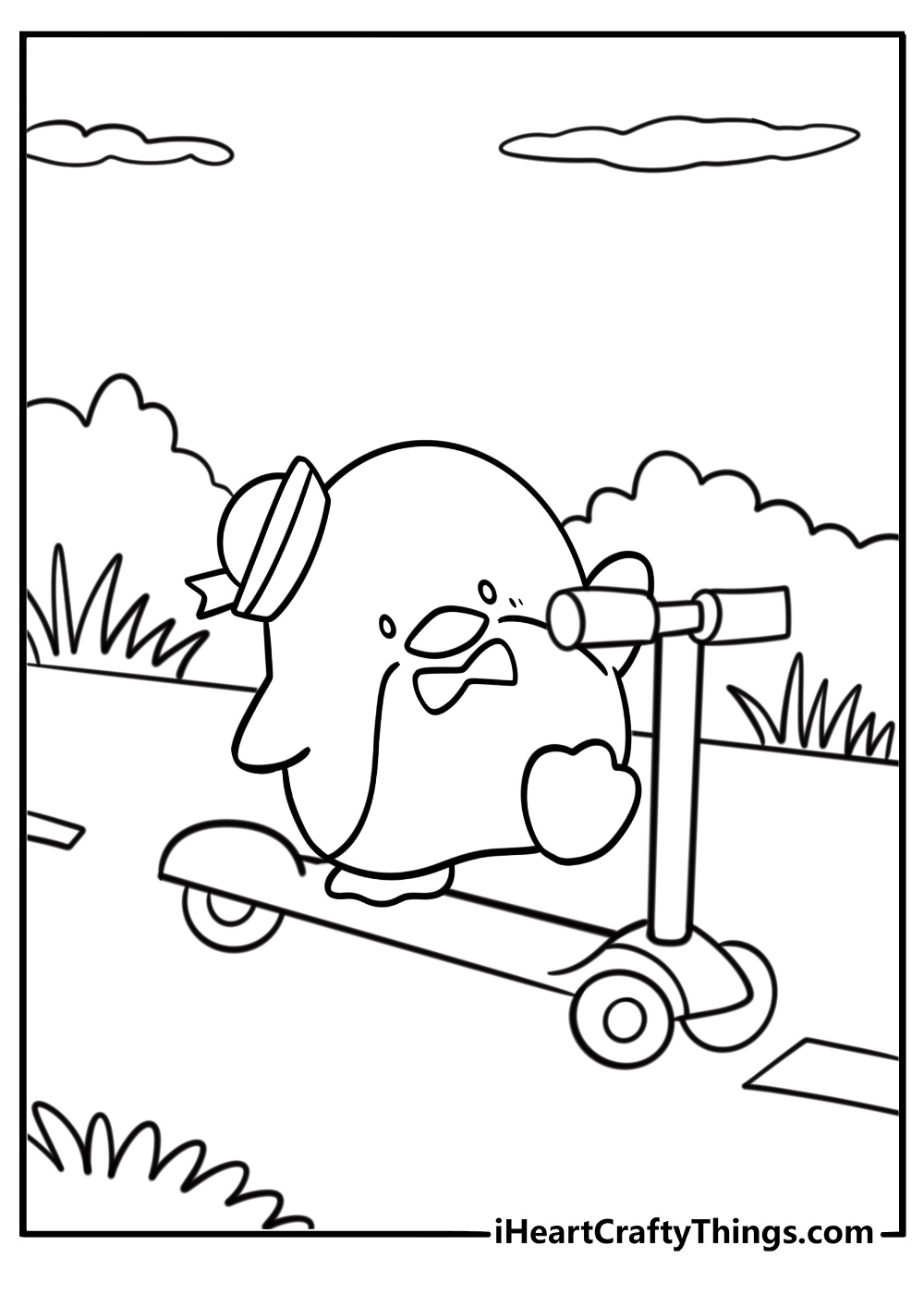 Tuxedo Sam riding a scooter on the sidewalk coloring page