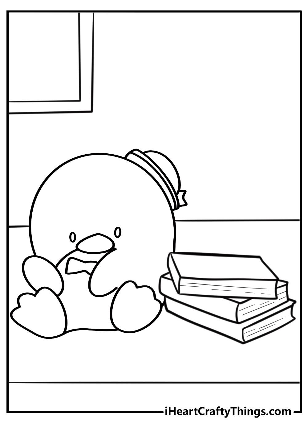 Tuxedo Sam sitting next to a stack of books coloring sheet