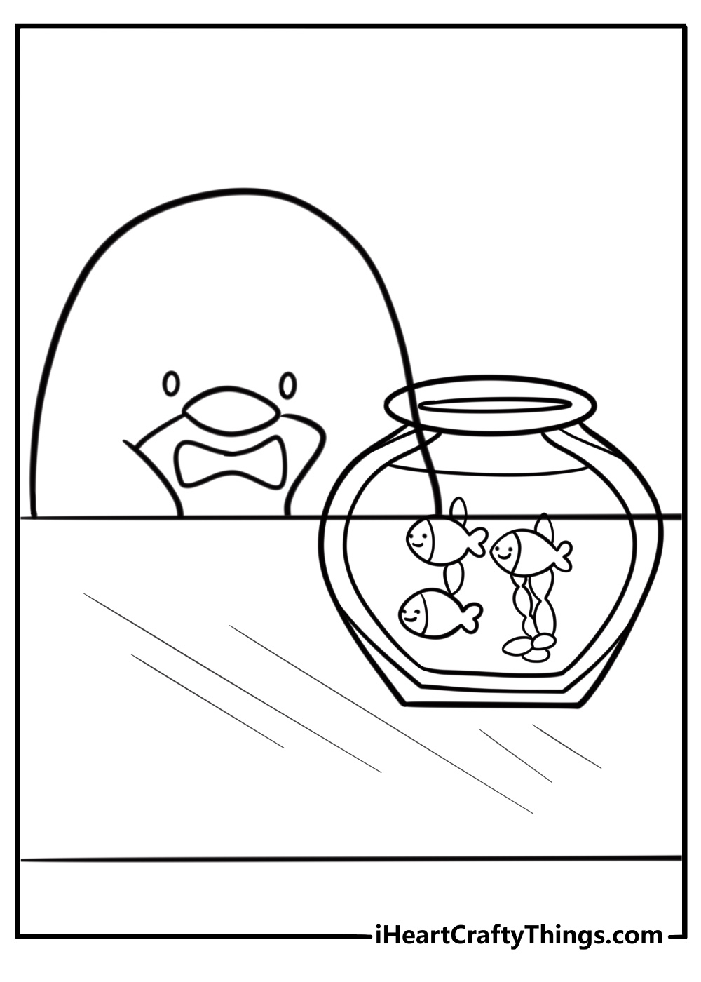 Tuxedo Sam watching fish swim in a round bowl coloring sheet