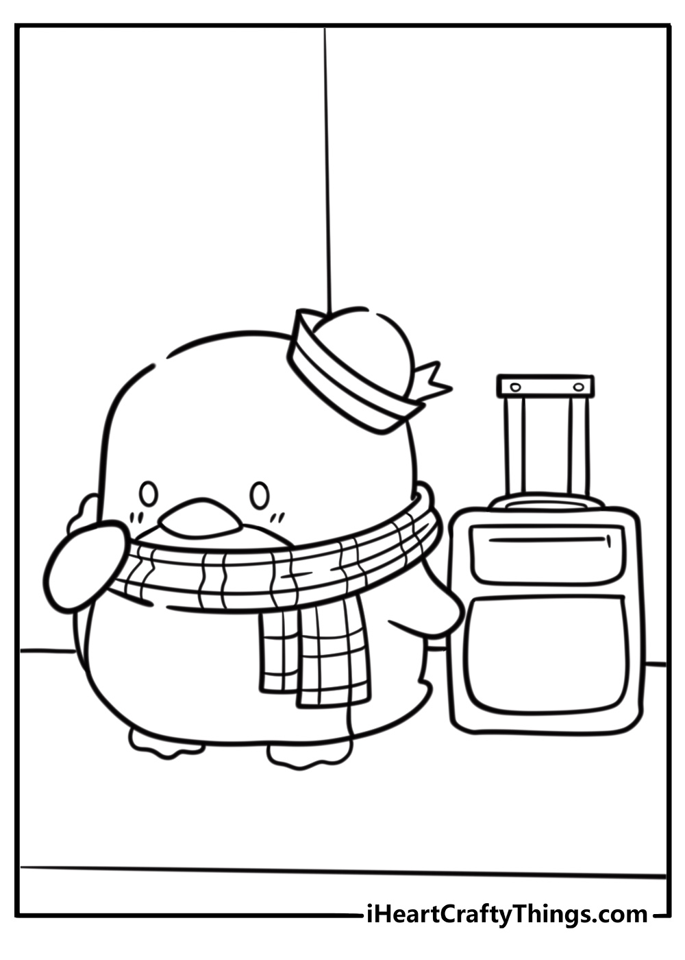 Tuxedo Sam with luggage at a travel station coloring page