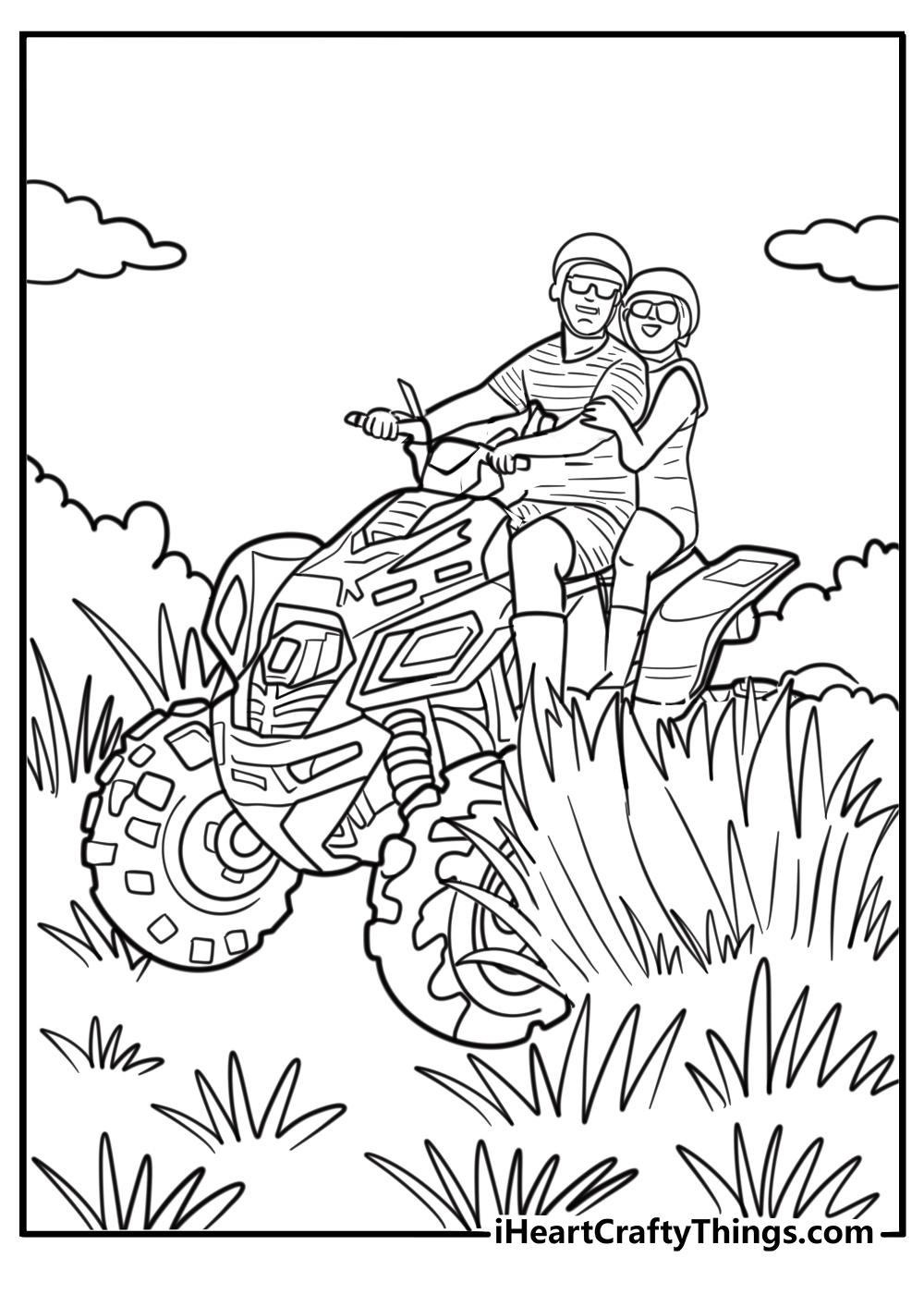 Two riders on a tandem ATV coloring page
