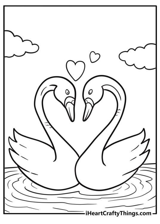 Two swans forming-a heart shape with their necks free coloring page PDF